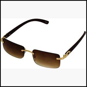 Metal & Wood Slim Rimless Rectangular Aviator Sunglasses